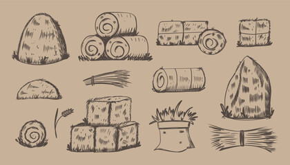 Hay bales sketch style. Hand drawn piles, heaps and stacks, straw in rolls and squares, dry grass, farm fodder. Village and countryside elements. Haystack vector isolated illustration © Mariya