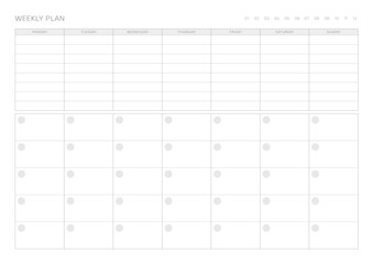 A weekly plan design template in a modern, simple, and minimalist style. Note, scheduler, diary, calendar, planner document template illustration.