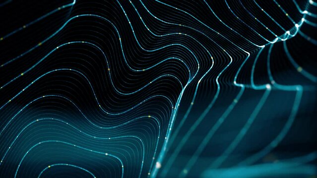 Animated 3d render of glow abstract particles in defocus. Motion background with twisted lines made of atom elements.