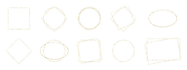 Glitter gold frame set. Christmas party border. Luxury golden background. Spark dust banner. Square photo framework. Wedding invitation. Elegant Holiday decor. Line glow poster. Vector illustration