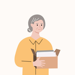 Depressed old woman fired from job. Businesswoman holding a box leaving office.  Business closure, layoff, unemployment concepts. Flat cartoon vector design isolated illustration.