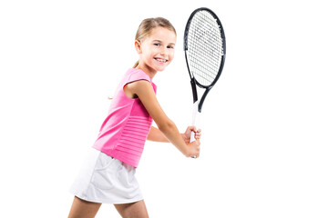 Young female tennis player in pink outfit. Little girl posing with racket and ball isolated on white background.