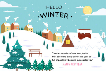 Hello winter banner with winter nature landscape. wishing you a very happy new year 2023 for greeting card, poster, banner. Vector illustration in flat style.