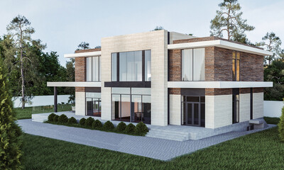 Fototapeta na wymiar 3D visualization of a house with a terrace and panoramic windows. House on the background of trees