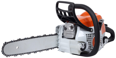 Modern new motor chain saw front side view isolated - obrazy, fototapety, plakaty