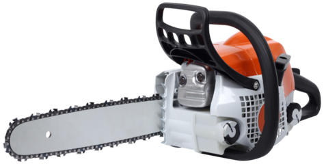 Modern new motor chain saw front side view isolated