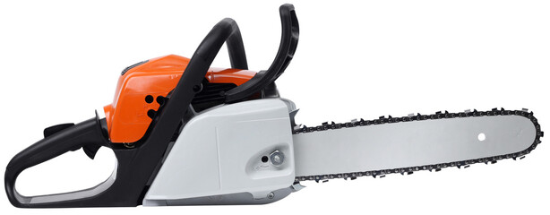 Modern new motor chain saw side view isolated