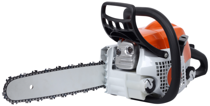 Modern new motor chain saw front side view isolated