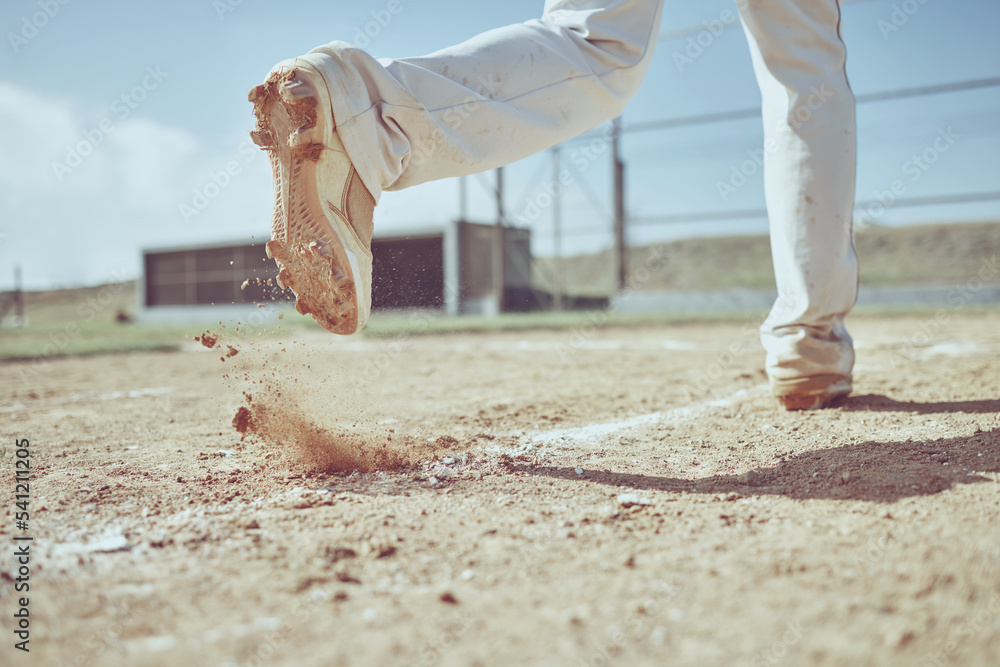 Poster Speed, running and shoes of baseball player on field training for sports, health and fitness game. Workout, exercise and dirt with athlete in sport competition for winning, homerun or achievement