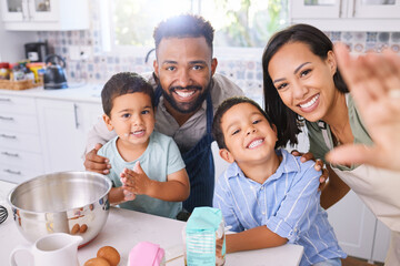 Black family, cooking and home kitchen of a mom selfie, father and children with a happy smile....