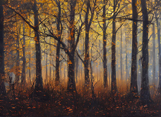 Obraz premium Wood Nature Road Summer Morning Sunrise Woodland Light Green Path Tree Misty Sunlight Mist Woods Foliage Foggy Landscape Fog Pine Autumn Park Trees Sun Forest