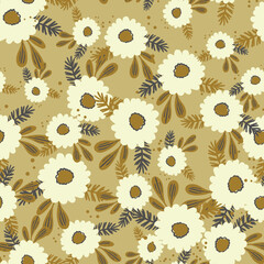 Seamless floral pattern based on traditional folk art ornaments. Colorful flowers on color background. Scandinavian style. Sweden nordic style. Vector illustration. Simple minimalistic pattern