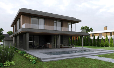 Fototapeta na wymiar 3D visualization of a house with a brick and wooden facade. Lake house. Terrace. panoramic windows. House with a burglar