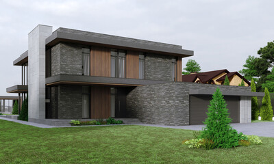 Fototapeta na wymiar 3D visualization of a house with a brick and wooden facade. Lake house. Terrace. panoramic windows. House with a burglar