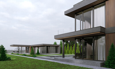 3D visualization of a house with a brick and wooden facade. Lake house. Terrace. panoramic windows. House with a burglar
