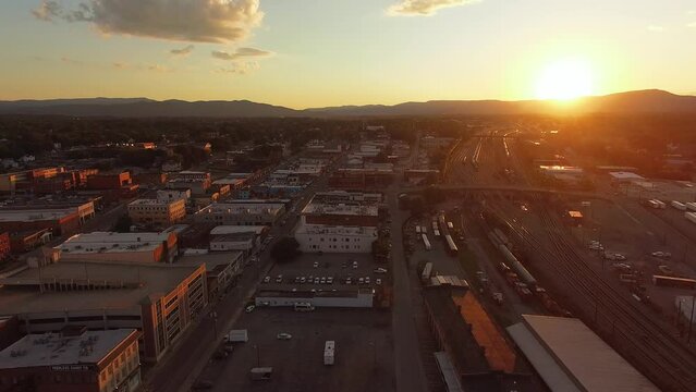 Downtown Roanoke Virginia Sunset Trainyard Aerial Reveal