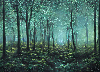 Obraz premium Autumn Woodland Tree Green Path Morning Forest Woods Road Pine Trees Sun Wood Fog Nature Park Mist Sunlight Summer Misty Sunrise Light Foliage Foggy Landscape