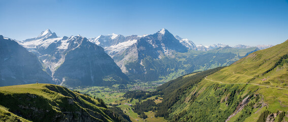 stunning alps view from hiking trail Grindelwald, beautiful valley and mountains