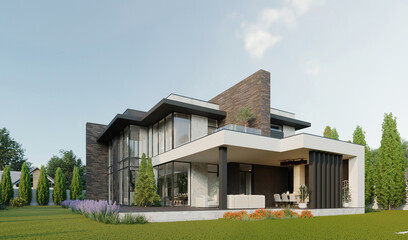 3D visualization of a modern house with a terrace and panoramic windows. House with a carport and a green area