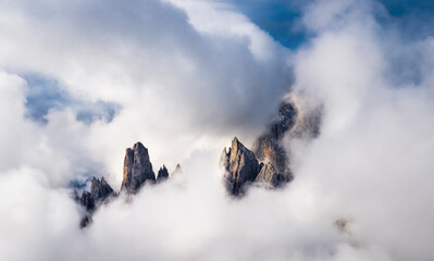 Great view  in National Park Tre Cime di Lavaredo. Beautiful view with big rocks and mountains.  Dramatic foggy sky. National park Tre Cime di Lavaredo, Dolomiti alps, South Tyrol, Italy, Europe