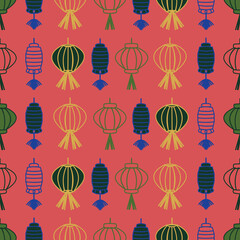 Orange lanterns in rows seamless pattern background.  Perfect for fabric, scrapbooking, quilting, wallpaper and many more projects.