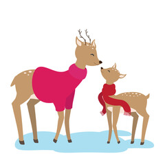 Vector illustration of two reindeers in pink christmas sweater and red scarf in cartoon style