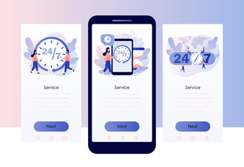 Around clock. 24 hours watch with arrow. 24-7 support service, open, time, working hours, delivery concept. Screen template for mobile, smartphone app. Modern flat cartoon style. Vector illustration
