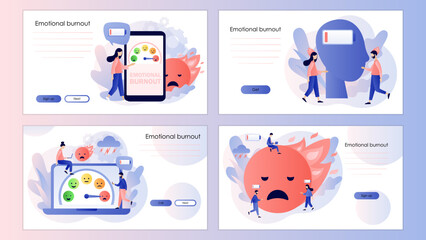 Fototapeta premium Emotional burnout. Low energy, tiredness, depression, stress level, mood scale, battery low, overwork. Screen template for landing page, template, ui, web, mobile app, poster, banner, flyer. Vector 