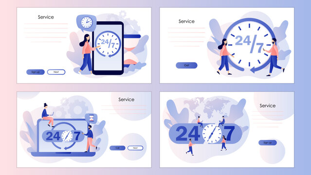 Around clock. 24 hours watch with arrow. 24-7 support service, open, time, working hours concept. Screen template for landing page, template, ui, web, mobile app, poster, banner, flyer. Vector 