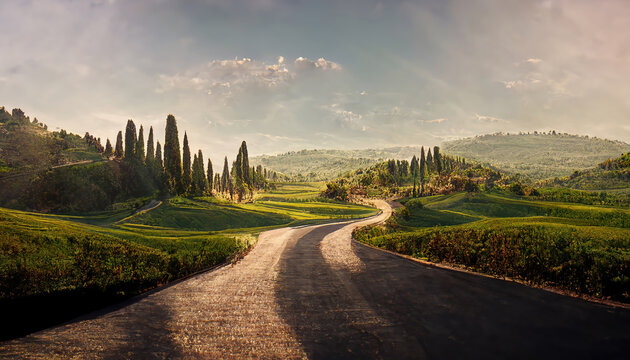 AI generated image of Tuscany landscape with grain fields and cypress trees