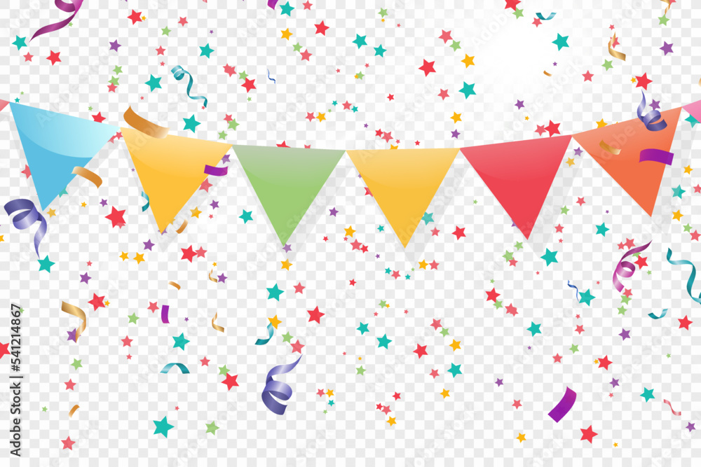 Poster Lots of colorful tiny confetti and ribbons on transparent background. Festive event and party. Multicolor background.Colorful bright confetti isolated on transparent background.	