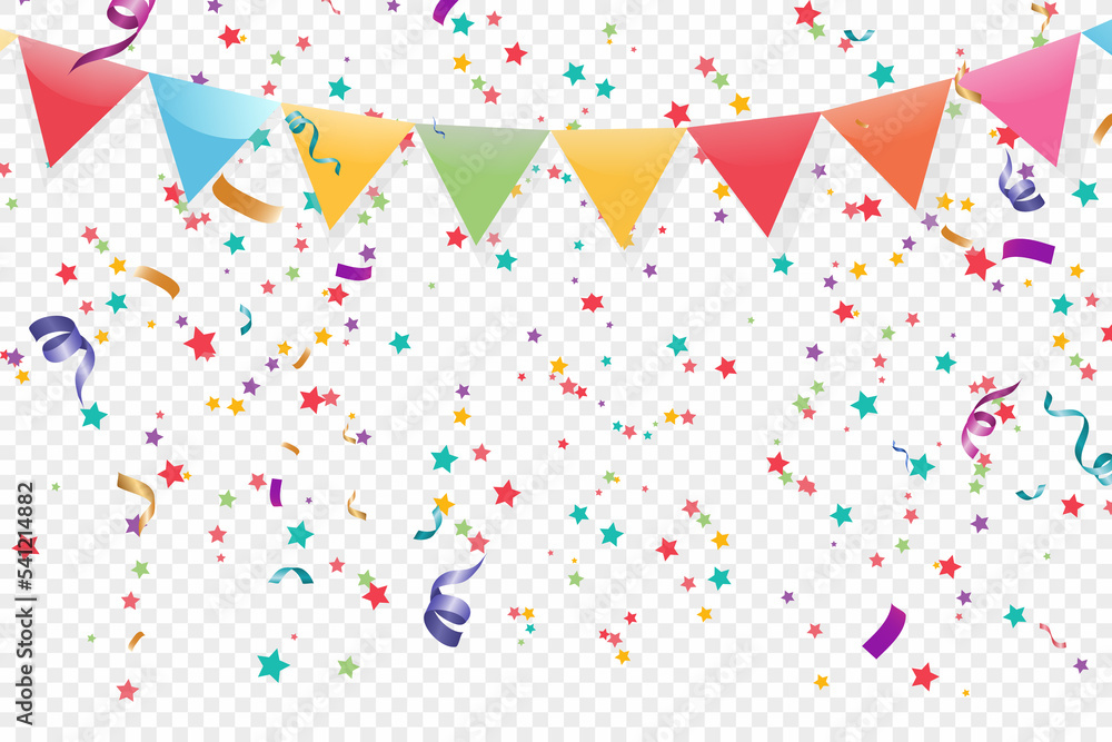 Poster Lots of colorful tiny confetti and ribbons on transparent background. Festive event and party. Multicolor background.Colorful bright confetti isolated on transparent background.	