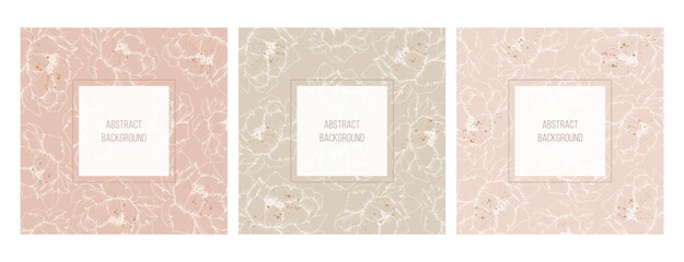 Abstract square templates for social media, posts with delicate flowers and peonies. Vector