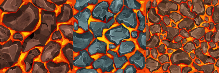 Lava, magma with stones in cartoon style seamless pattern background. Eruption effect, landscape. Texture, design