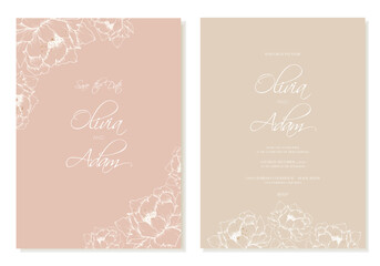 Obraz premium Wedding invitation template with outline flowers peonies in delicate beige and pink colours. Rsvp card design template. Vector.