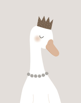 Cute goose princess. Childish fantasy poster or card. Vector hand drawn illustration.
