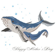 Cute hand drawn whale with mom. Mom and baby, mother's day. Cartoon vector illustration for print