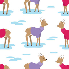 Vector seamless pattern with deers in pink and violet sweaters in cartoon style