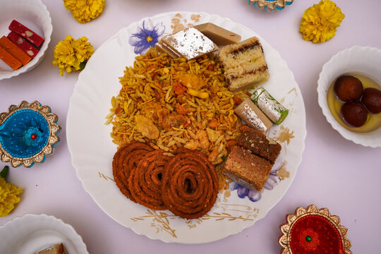 Namkin and sweets garnished for diwali celebration. treditional Maharashtrian faral.