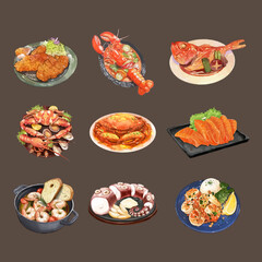 Set of Watercolor Seafood Menu Vector Illustration. Traditional Japanese Meal.