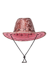 Close-up shot of a pink wide-brimmed leather cowboy hat with an adjustable cord. The hat in western style is isolated on a white background. Front view.