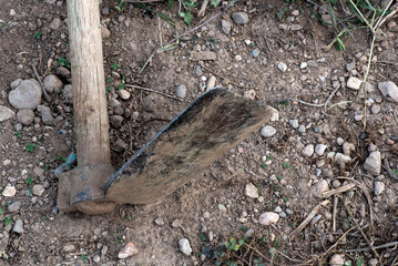 Azada sobre tierra de cultivo usada y sucia de tierra, herramienta para la huerta aislada, detalle.