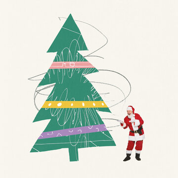 Contemporary art collage. Cheerful senior man in image of Santa Claus standing near giant decorated christmas tree