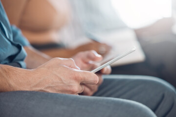 Phone, technology and man hands of office worker with a mobile for a social media scroll or app text. 5g internet, web and businessman employee working on an online job typing a job email