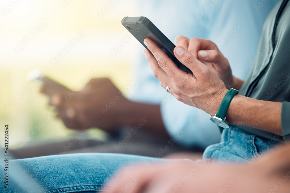 Poster hands, phone or networking on social media app, internet search or digital iot. zoom woman or man wi