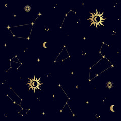 Seamless pattern with stars, constellation signs, sun, moon. Starry night sky, galaxy. Vector illustration.