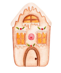 Watercolor illustration, simple Christmas gingerbread house isolated on white background. Elements for various products
