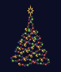 Fancy christmas tree made of festive colorful garland, gold balls, bethlehem gold star on top. Glowing sparkles, stars on wire strings. Wavy shape of tree. No transparency effect