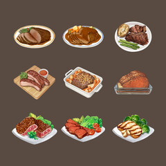 Set of beef steak watercolor vector illustration