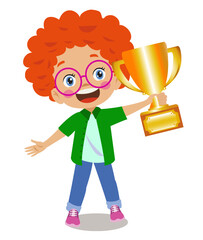 cute happy boy holding golden trophy
